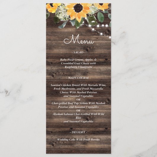 Zonnebloem rustieke eucalyptus hout bruiloft menu (Voorkant)