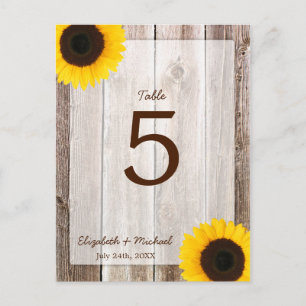 Zonnebloem rustieke schuur hout bruiloft tafel num briefkaart