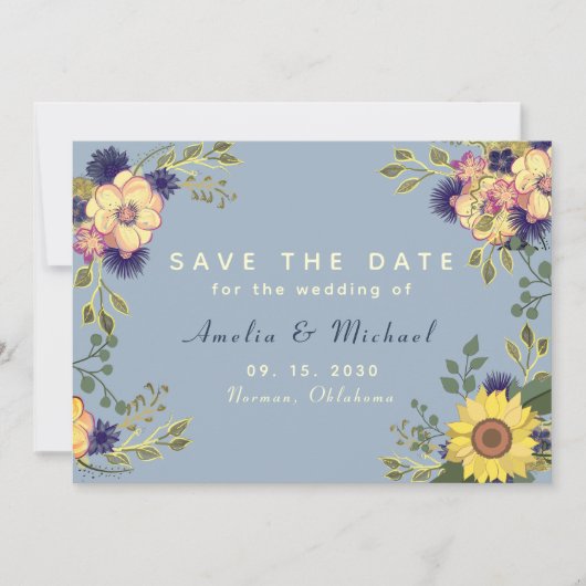 Zonnebloem rustieke stoffige blauwe bruiloft opsla save the date (Voorkant)