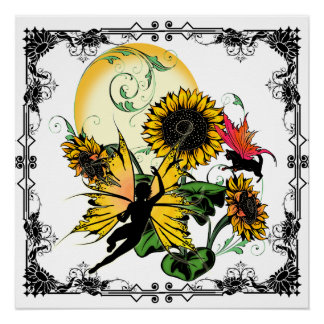 Zonnebloem Schaduwfee en Kosmische Kat Perfect Poster