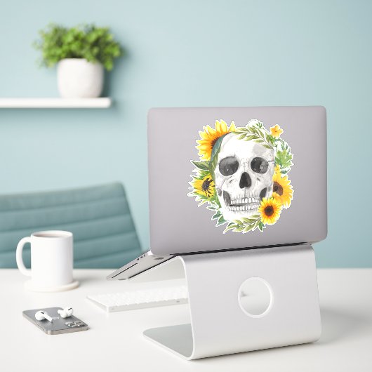 Zonnebloem schedel gotisch sticker (Laptop op bureau)