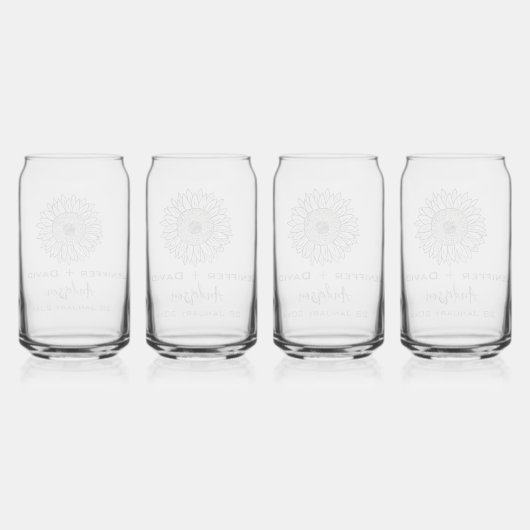 Zonnebloem schets gepersonaliseerde bruiloft blikvorm glas (Achterkant)
