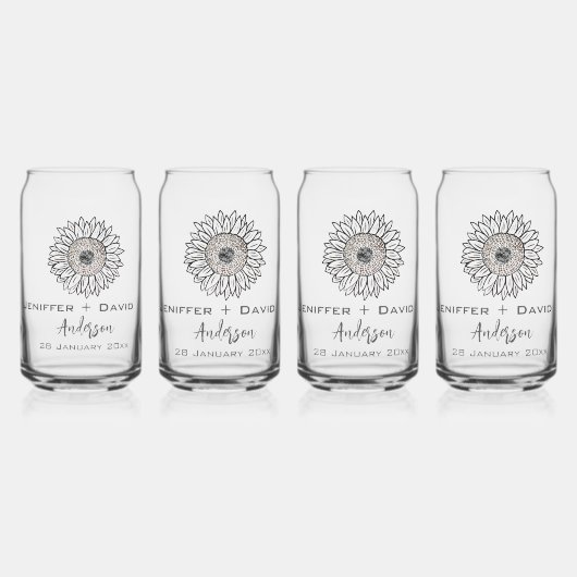 Zonnebloem schets gepersonaliseerde bruiloft blikvorm glas (Voorkant)