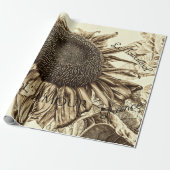 zonnebloem Sepia Tone Old Script Decoupage Cadeaupapier (Uitgerold)