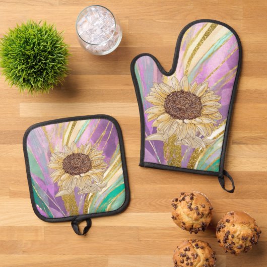 Zonnebloem Shimmer Oven Mitt en Pothouders Set (Top down)