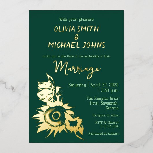 Zonnebloem Smaragdgroene gouden Trouw Uitnodiging (Voorkant)
