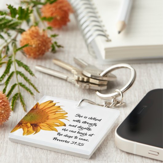 Zonnebloem Spreuken 31:25 Bijbelvers Christelijk Sleutelhanger (Voorkant Rechts)