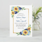 Zonnebloem Stof Blauw Bloemig Gouden Rand Trouwen Kaart (Staand voorkant)