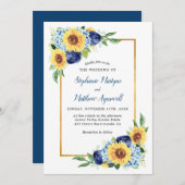 Zonnebloem Stof Blauw Bloemig Gouden Rand Trouwen Kaart (Voorkant / Achterkant)