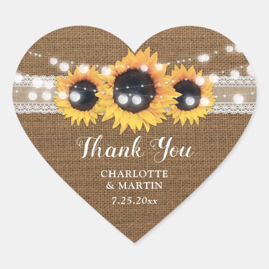 Zonnebloem String Lights Burlap Lace Wedding Hart Sticker (Voorkant)