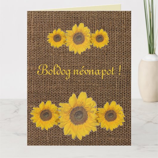 Zonnebloem trio in burlap- naamdag kaart (Voorkant)