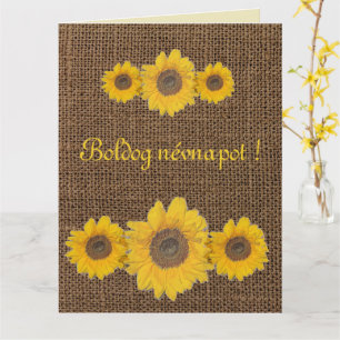 Zonnebloem trio in burlap- naamdag kaart
