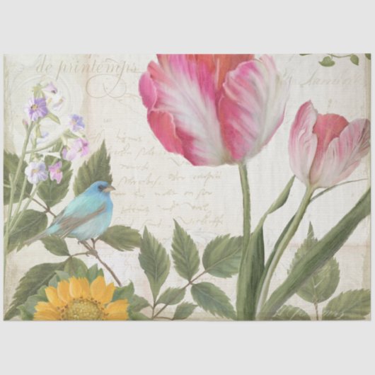 Zonnebloem Tulp Flowers Bird Ephemera Ontkoppeling Tissuepapier (Voorkant)