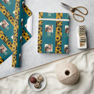 Zonnebloem Turquoise Goud Moderne Trouwfoto Cadeaupapier