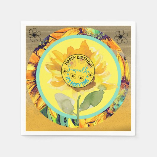 Zonnebloem Verjaardag Meisje Geel Zwart Servet (Voorkant)