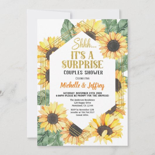Zonnebloem verrassingsfeest koppel bruidsfeest kaart (Voorkant)