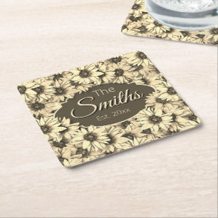 Zonnebloem Vintage Charme Sepia Toon Papier Coaste Vierkante Kartonnen Onderzetter