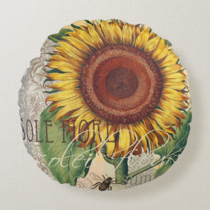 Zonnebloem Vintage Damast Bloem Kunst Rond Kussen