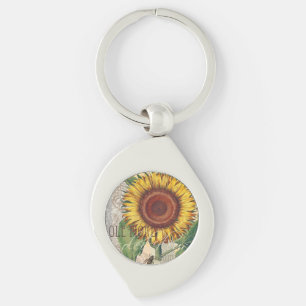 Zonnebloem Vintage Damast Bloem Kunst Sleutelhanger