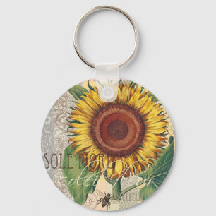Zonnebloem Vintage Damast Bloem Patroon Kunst Sleutelhanger