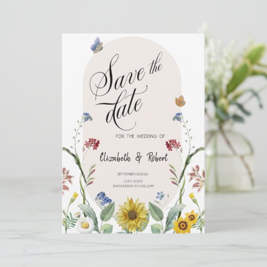 Zonnebloem Vlinders Reddingsdatum Wilde Bloem Save The Date (Staand voorkant)