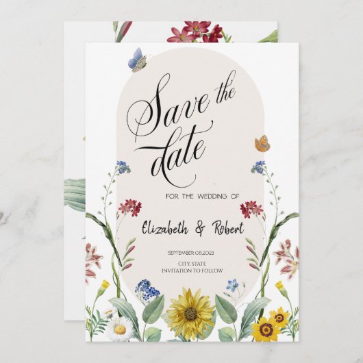 Zonnebloem Vlinders Reddingsdatum Wilde Bloem Save The Date (Voorkant / Achterkant)