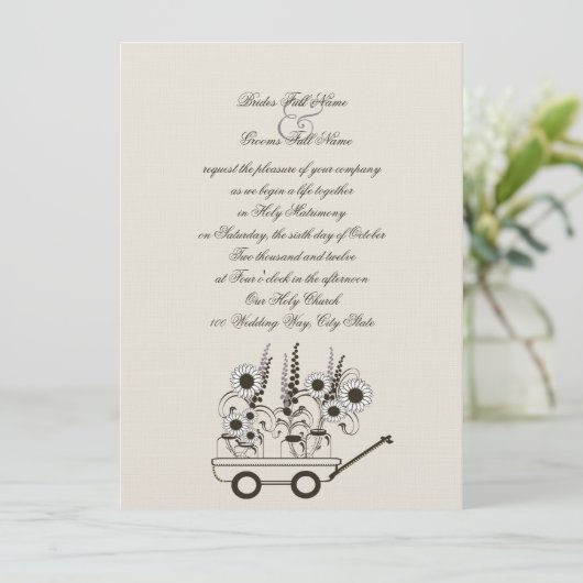 Zonnebloem Wagon bruiloft Kaart (Staand voorkant)