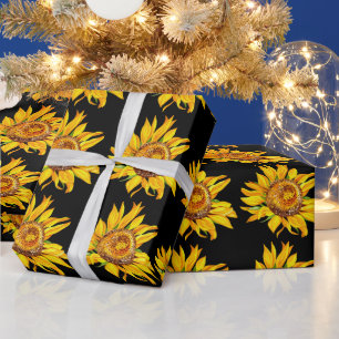 Zonnebloem Waterverf Bloemen Black Cadeaupapier