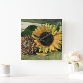 zonnebloem-Waterverf op een houten tafel Vierkante Klok (Huis)