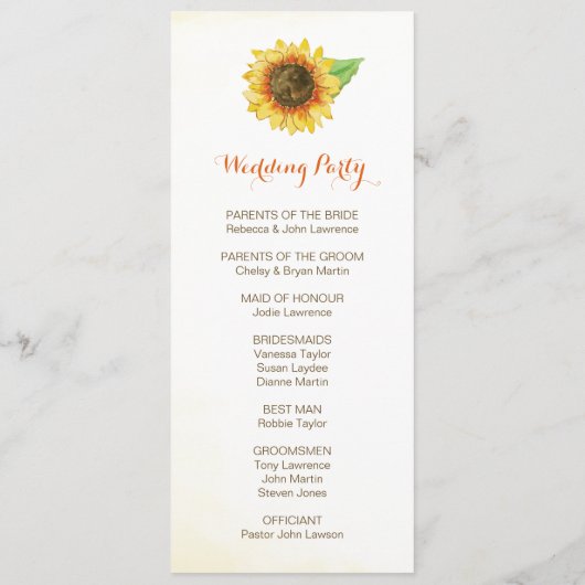 Zonnebloem Waterverf Trouwprogramma's Programma (Achterkant)