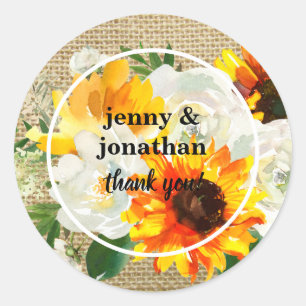Zonnebloem & White Rose Burlap Dank je Ronde Sticker