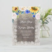 Zonnebloem Wit en Blauw Rustiek Herfst Bruiloft Kaart (Staand voorkant)