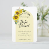 Zonnebloem witte daisy boog elegante foto save the date (Staand voorkant)