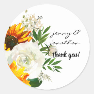 Zonnebloem & Witte Rijen Dank u - Wit 2 Ronde Sticker