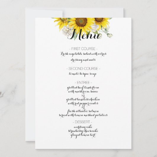 Zonnebloem witte roos rustieke trouwmenu feestdagenkaart (Voorkant)
