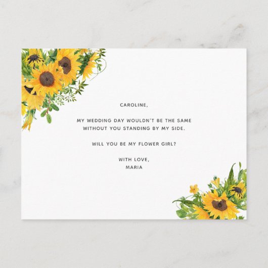Zonnebloem Wordt mijn voorstel van Bloemenmeisje Aankondigingskaart (Achterkant)