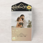 Zonnebloem zwart en goud bruiloft all in one uitnodiging (Buitenkant)