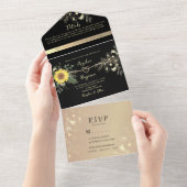 Zonnebloem zwart en goud bruiloft all in one uitnodiging (Afscheurbaar)