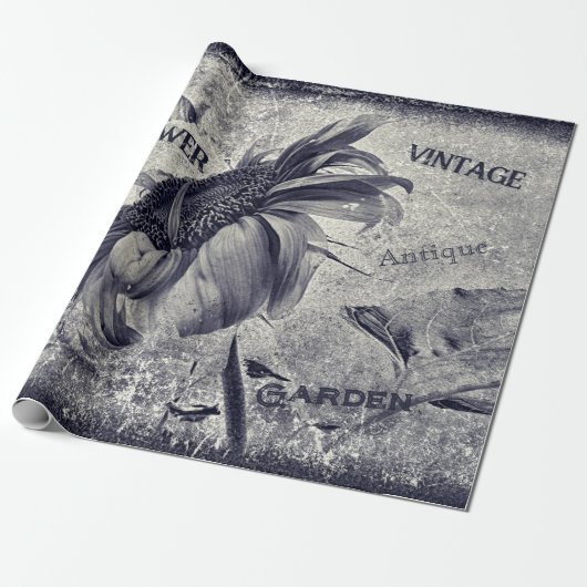 Zonnebloem zwart en witte ephemera textuur cadeaupapier (Uitgerold)