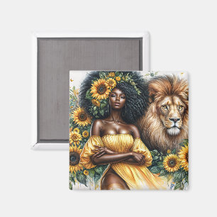 Zonnebloem zwarte vrouw met leeuw Leo Art Magneet