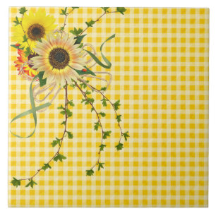 Zonnebloemboeket op gele gingham tegeltje