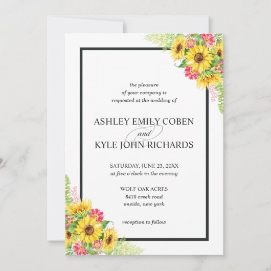 Zonnebloembruidingsuitnodiging met roze bloemen kaart (Voorkant)