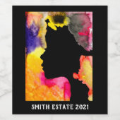 Zonnebloemdame silhouette waterverf wijn etiket (Enkel label)