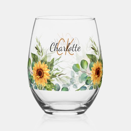 Zonnebloemen aangepaste naam monogram initialen wijnglas zonder voet (Voorkant)
