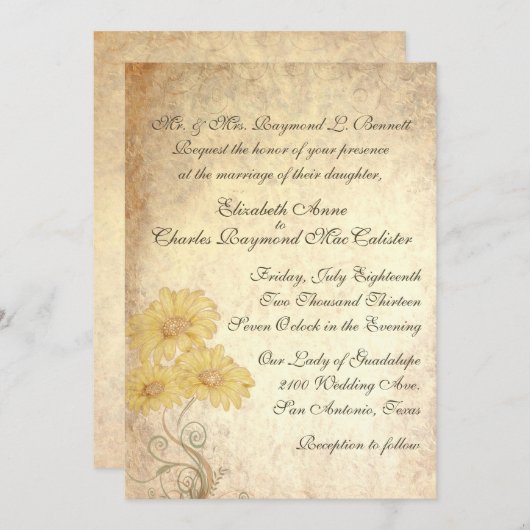 Zonnebloemen Antiek uitnodiging tot weddenschap (Voorkant / Achterkant)