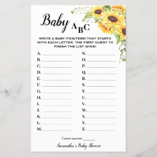 Zonnebloemen Baby ABC Baby shower Game Kaart