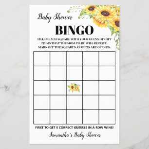 Zonnebloemen Baby shower Bingo Game Kaart