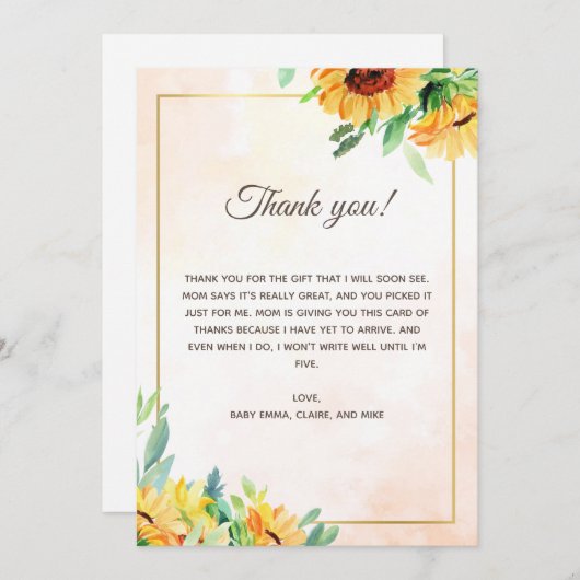 Zonnebloemen Baby shower Hartelijk dank Bedankkaart (Voorkant / Achterkant)