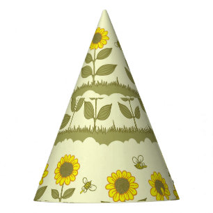 Zonnebloemen, bijen, schattig naadloos patroon. feesthoedjes