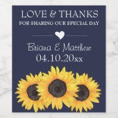 Zonnebloemen Blauw Liefde & Bedankt Bruiloft Wijn Etiket (Enkel label)